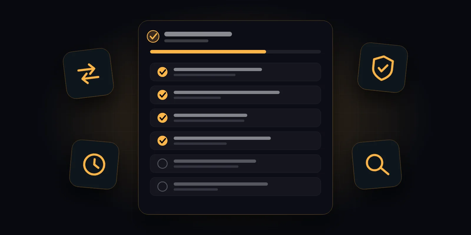 Illustration of a checklist with most items ticked, surrounded by icons for redirects, speed, security and search